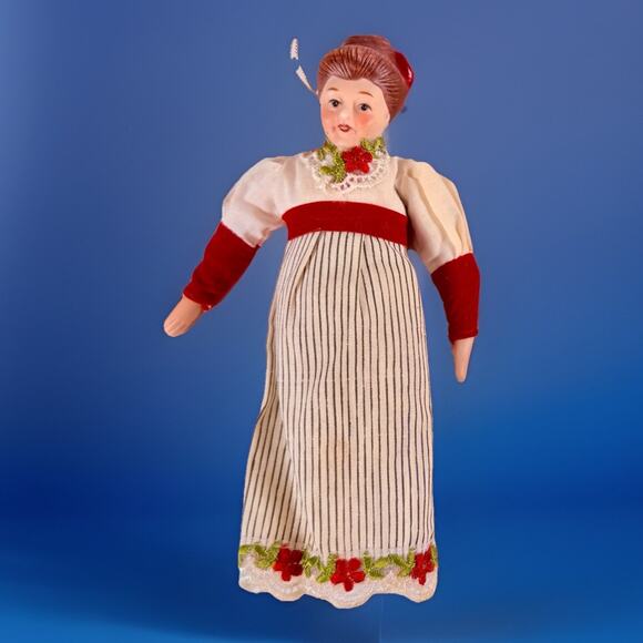 VTG European Folk Costume Doll 8” Ornament Embroidered Red Trim Striped Dress - Picture 1 of 5